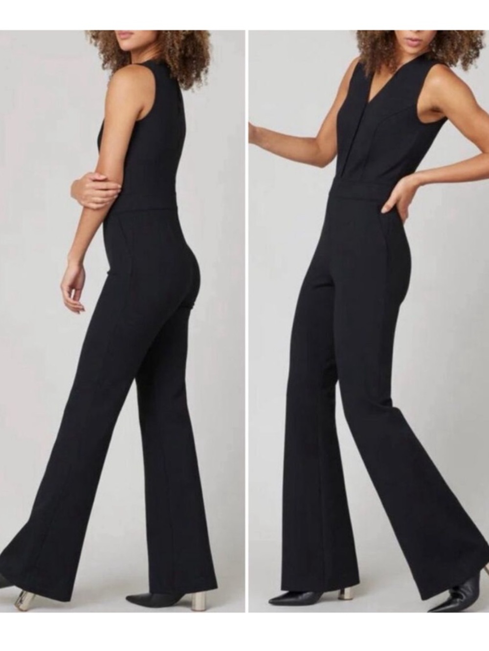 Spanx Perfect Sleeveless Jumpsuit Black V-Neck Flare Leg Core Shaping L